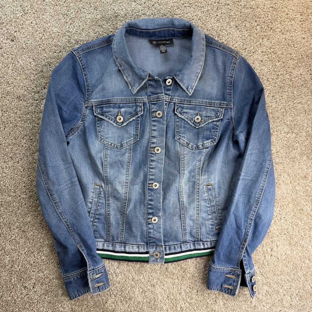 INC International Concepts Jacket Womens Medium Denim Button Front Striped Hem